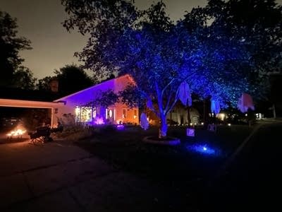 A house decorated with Halloween lights