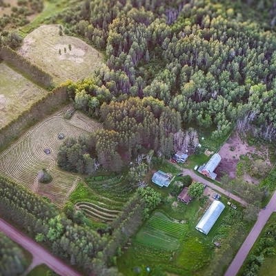 An aereal view of a farm.