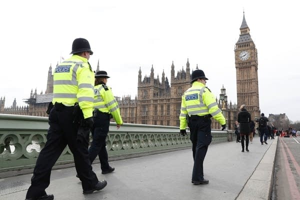 Police patrol across Westminster Bridge