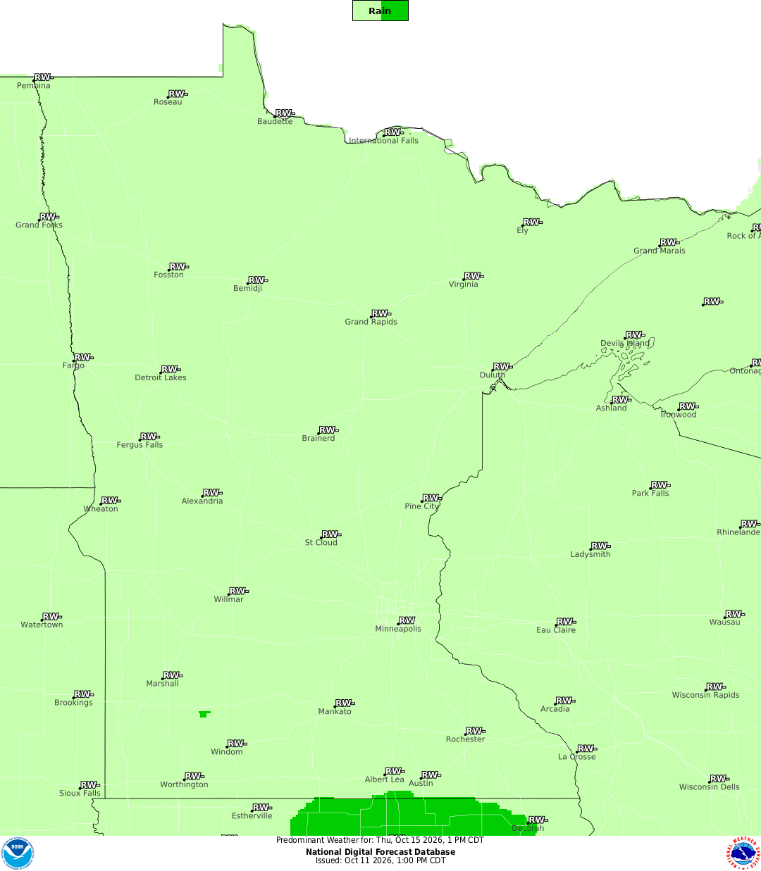 A rain forecast map shows light chances across Minnesota.
