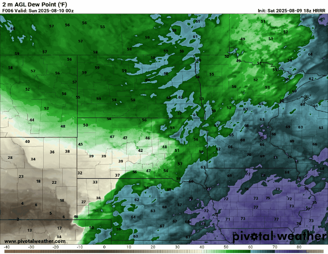 Dew points Saturday 7 p.m. to Sunday 7 p.m.