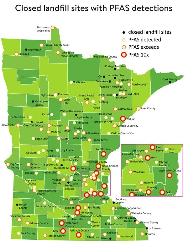 A map that shows locations of landfill sites with PFAS detections