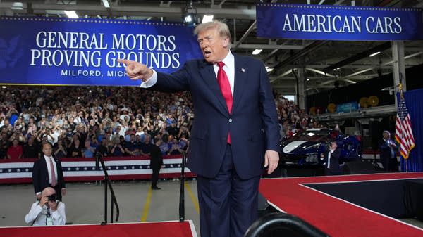 President Donald Trump speaks at General Motors’ Milford Proving Grounds in Milford, Michigan. Despite promises of reshoring, the U.S. economy has shed 75,000 manufacturing jobs since Trump took office in 2025.