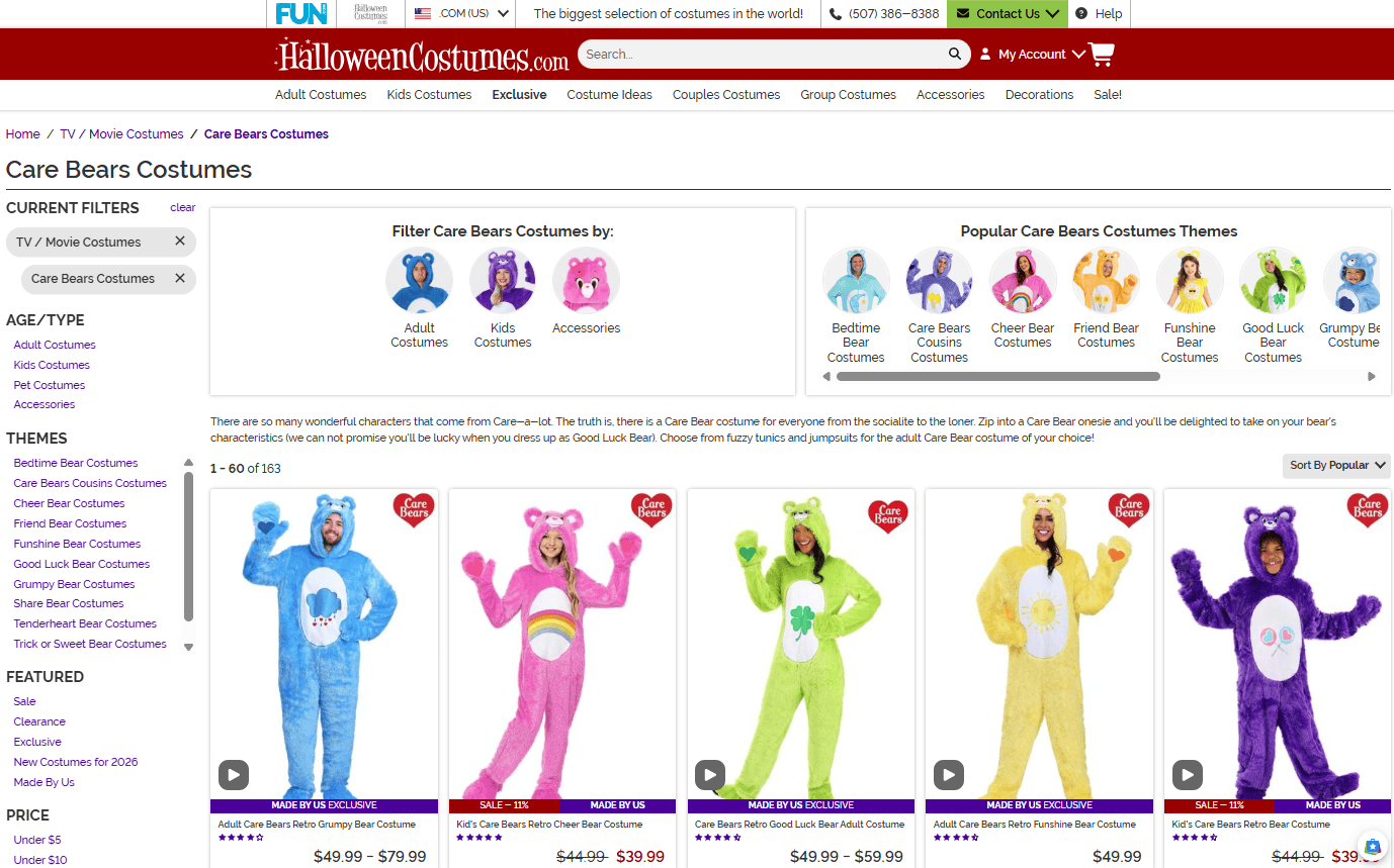 A screenshot of a costume web store with a collection of Care Bears costumes listed.