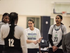 Minnesota Lynx head coach Cheryl Reeve talks to players