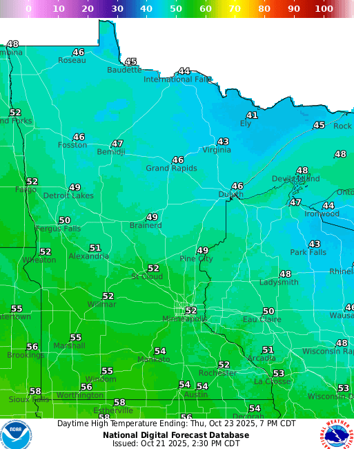 Forecast high temperatures Thursday