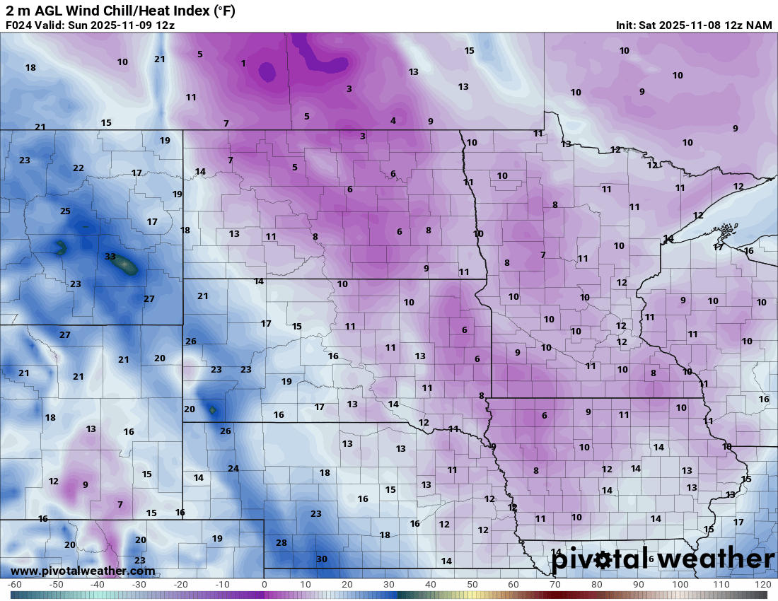 Wind chill forecast for Sunday 6 a.m.