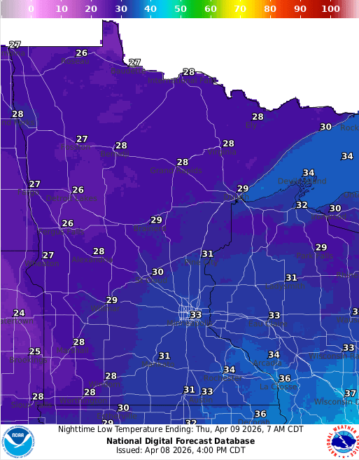 Forecast low temperatures Thursday
