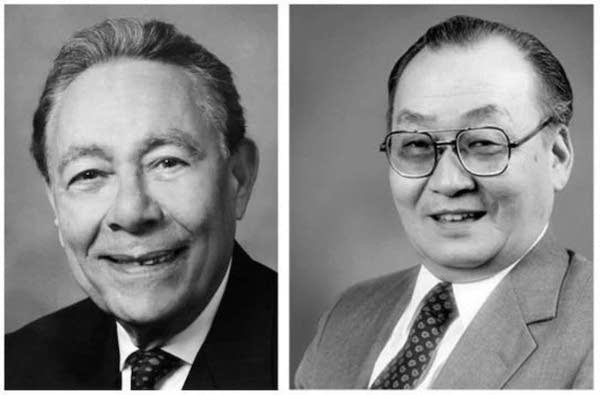Two portrait photos of Mohamed Atalla and Dawon Kahng.
