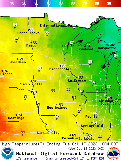 Forecast high temperatures Tuesday