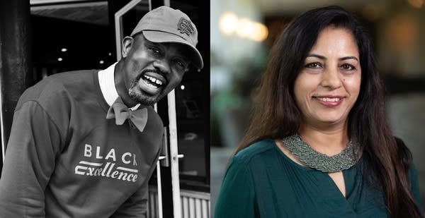 Man in Black Excellence sweatshirt and woman in green shirt