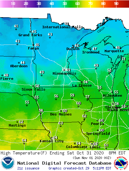 Forecast high temperatures Saturday