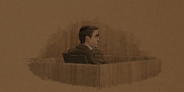 A courtroom sketch of a man in the witness stand.