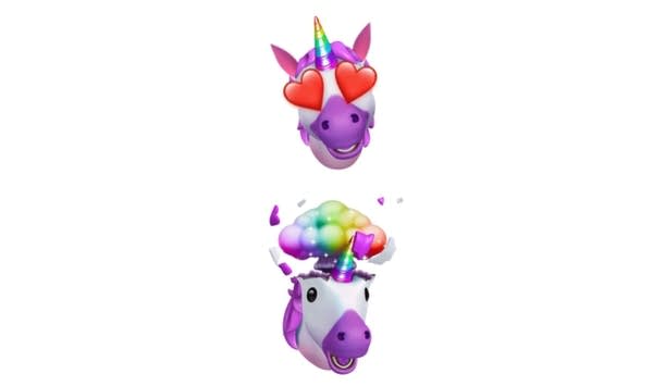 2 iPhone "sticker"-style emoji of purple&white unicorns w/ heads exploding