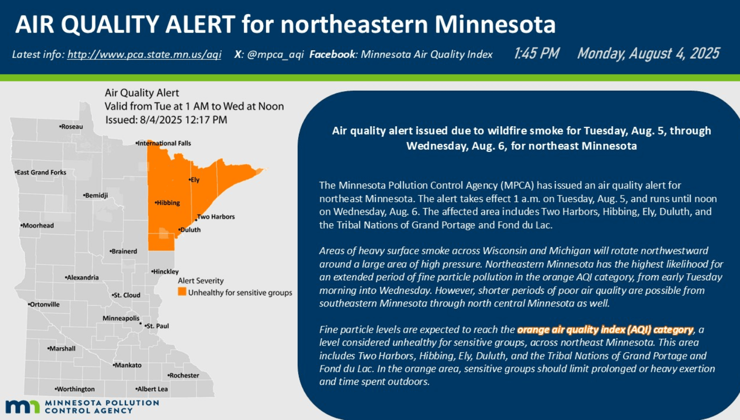 New air quality alert issued for northeast Minnesota for Tuesday and Wednesday