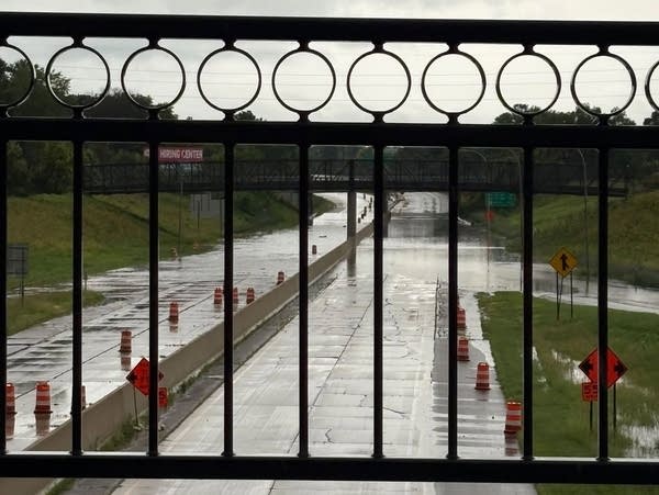 A freeway is closed due to flooding