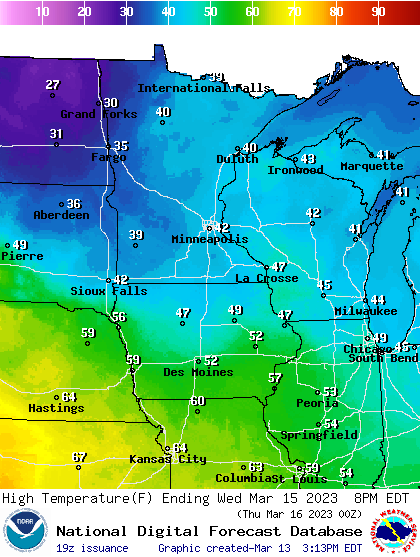 Forecast high temperatures Wednesday