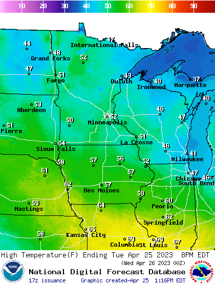 Forecast high temperatures Tuesday