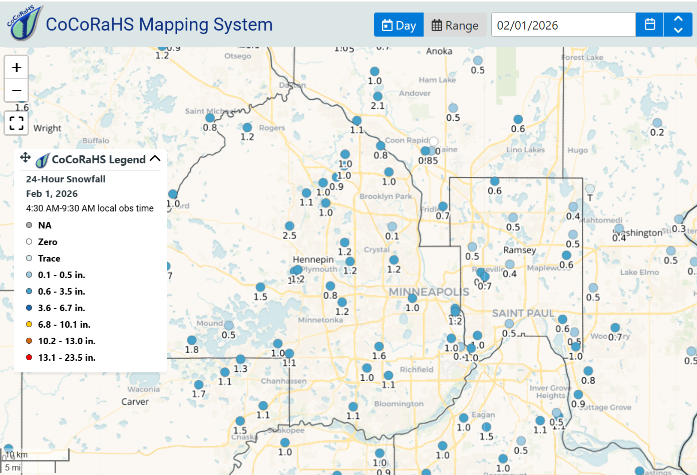 Twin Cities metro area snowfall totals through Sunday morning