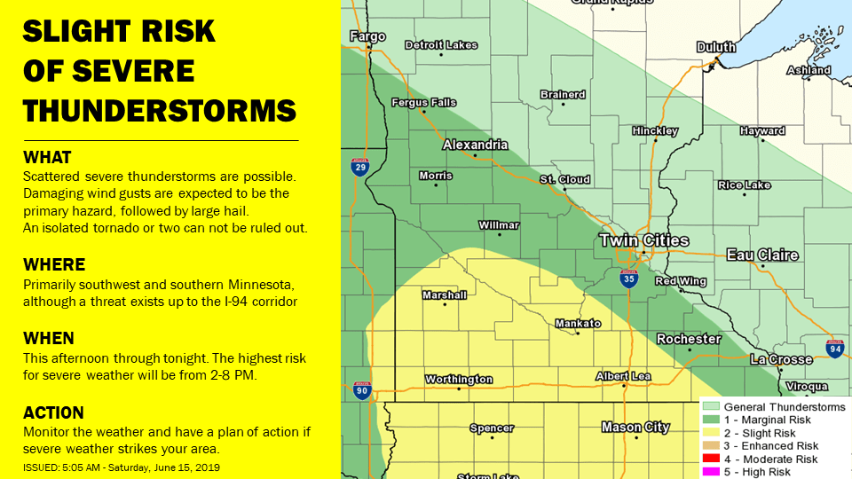 Saturday showers and storms at times; a morning shower chance on Sunday