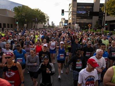 People line up at the start of a race