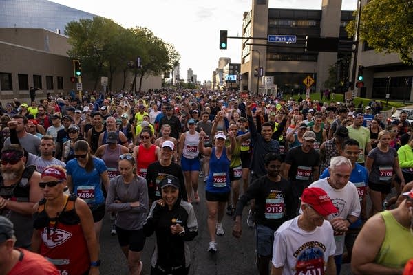 People line up at the start of a race