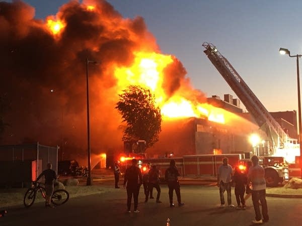 A building on Lake Street is on fire.