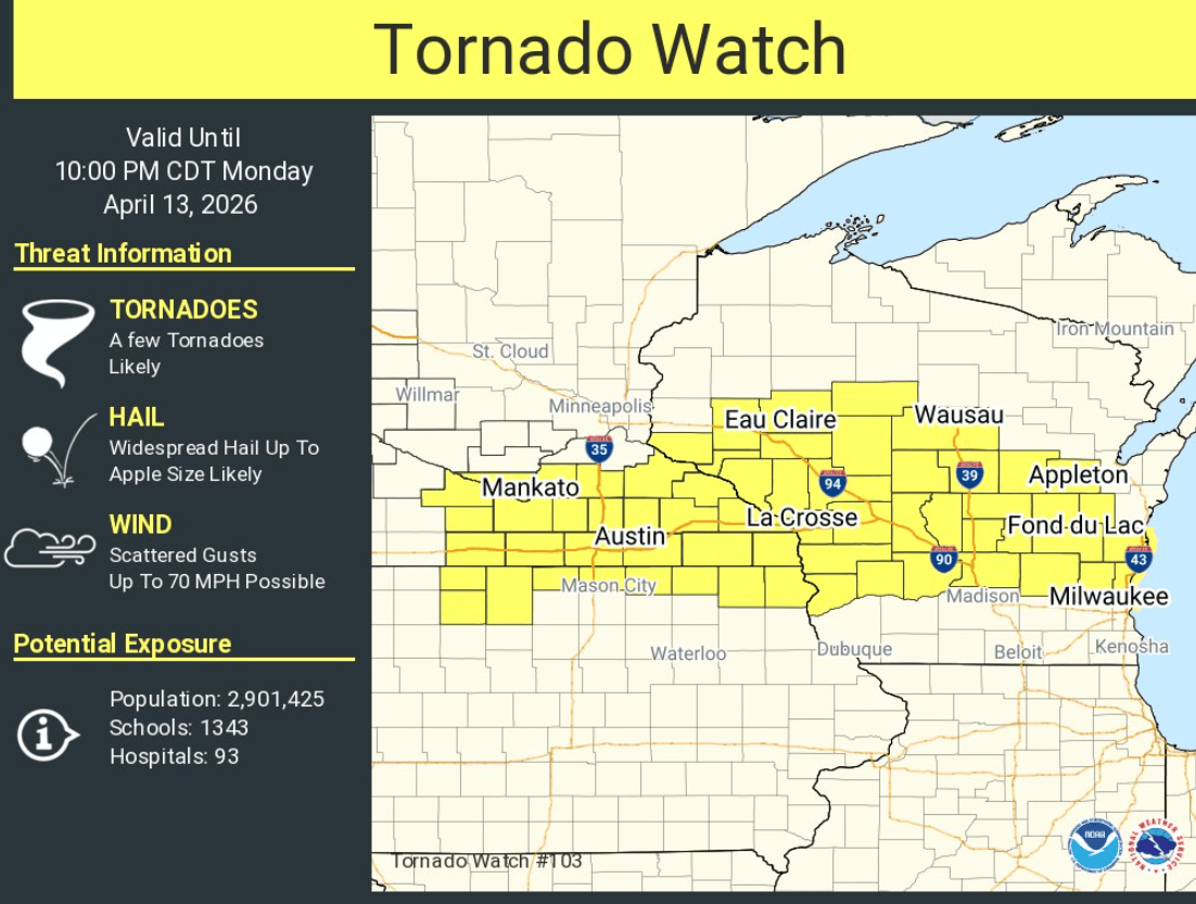 Tornado watch includes southern Minnesota until 10 p.m.