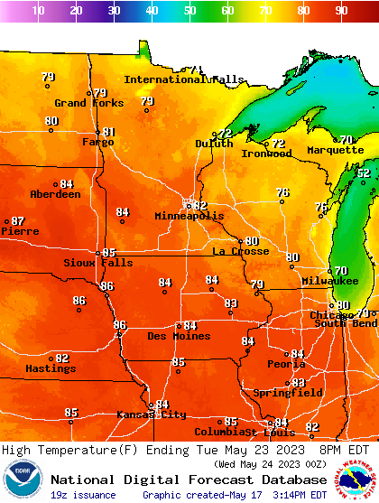Forecast high temperatures Tuesday