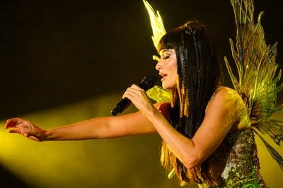 A musician sings on a large outdoor stage