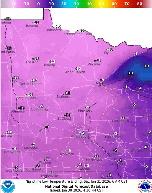 Forecast low temperatures Saturday