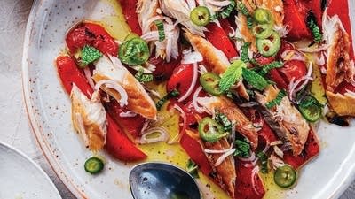 Roasted Peppers with Smoked Mackerel, Mace, and Mint