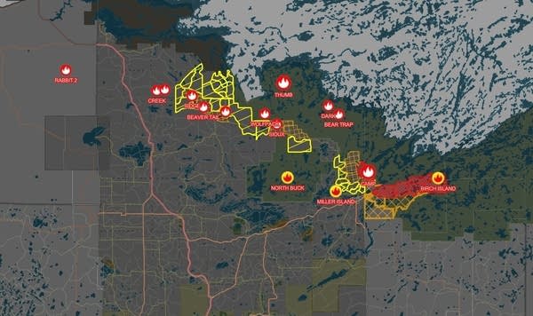 A map showing wildfire and evacuation notices across northern Minnesota.