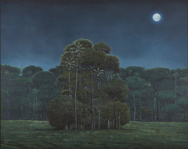 A painting of a tree and moon