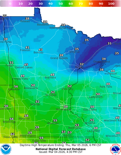 Forecast high temperatures Thursday