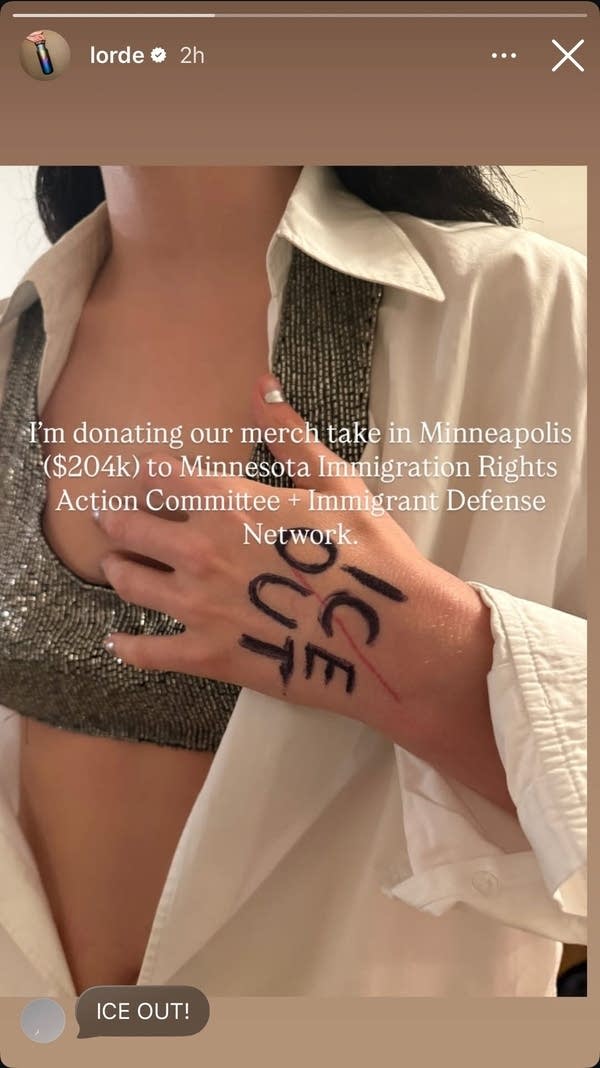 Lorde has "ICE OUT" written on her left hand.