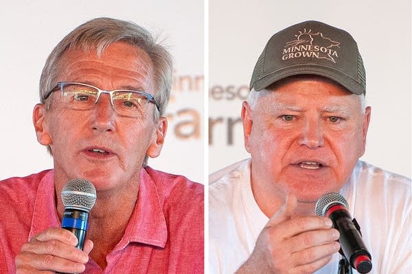 A collage of governor candidates Scott Jensen and Tim Walz