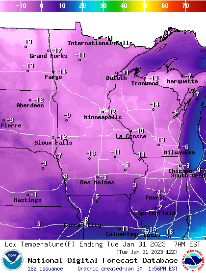 Forecast low temperatures Tuesday morning