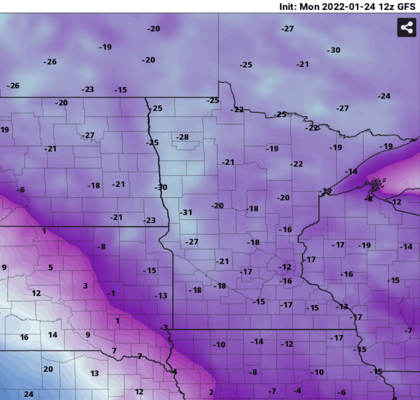 Forecast low temperatures Tuesday morning