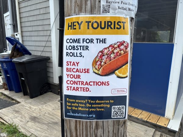 A sign on a streetpost says "Hey Tourist, come for the lobster rolls, stay because your contractions started"