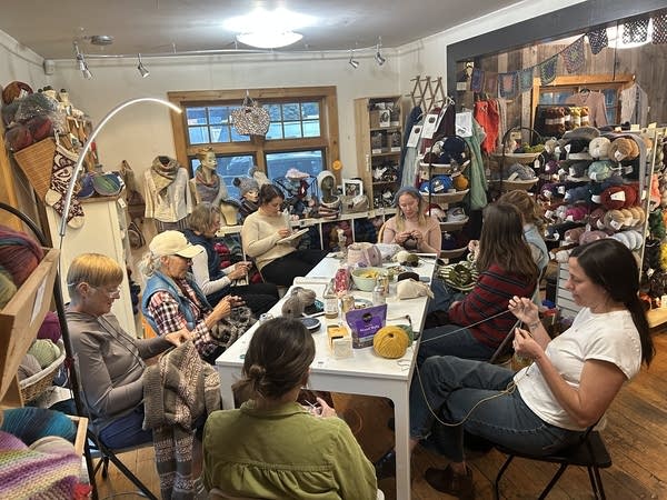A group of knitters at Knit on Pearl, a knitting supply store in Jackson, Wyoming.