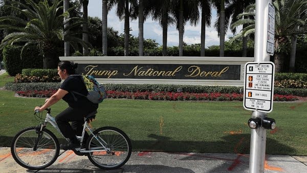 A sign is seen near an entrance to the Trump National Doral golf resort owned by U.S. President Donald Trump's company on October 17, 2019 in Doral, Florida.