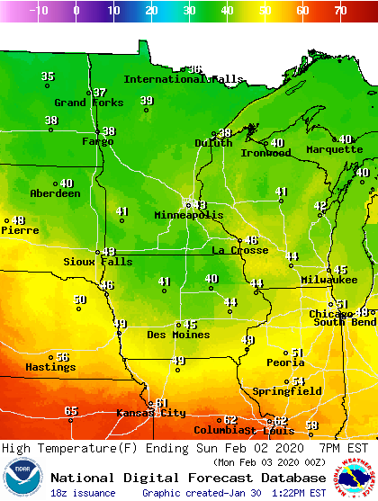 Forecast high temperatures Sunday