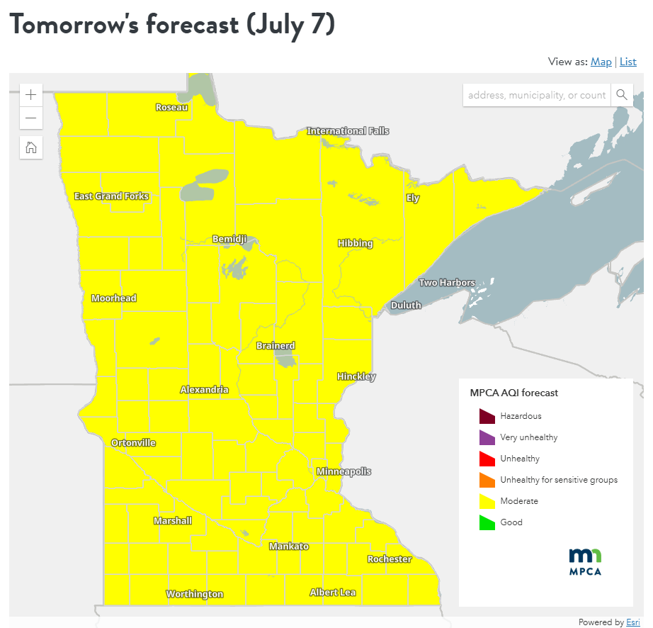 Air quality forecast for Monday