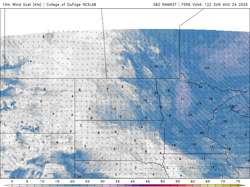 Wind speed and direction for Sunday