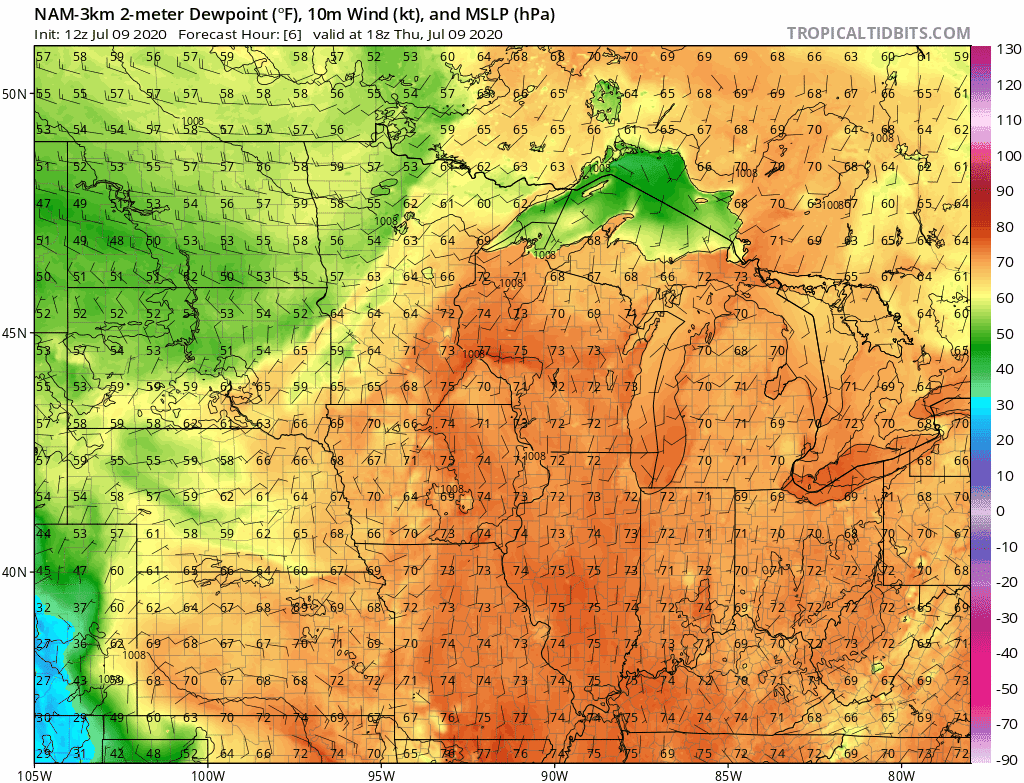 NOAA NAM 3 km model dew point forecast from Thursday to Friday morning