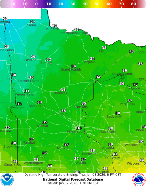 Forecast high temperatures Thursday