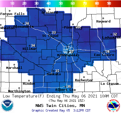 Forecast minimum temps Thursday