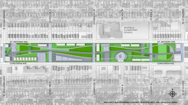 Renderings of a road project connecting neighborhoods