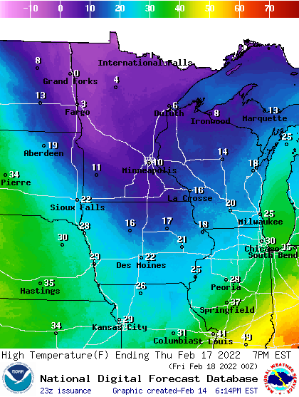 Forecast high temperatures Thursday